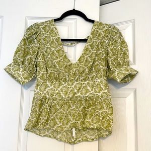 J. Crew green floral top blouse deep v back size 2